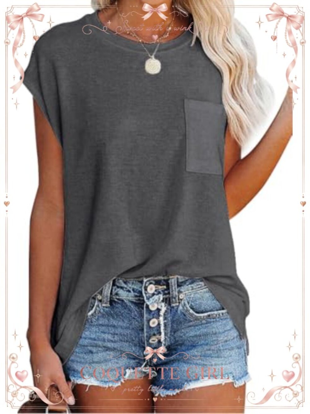 Womens Summer T Shirts Loose Fit Cap Sleeve Side Split Tunic Top with Pocket